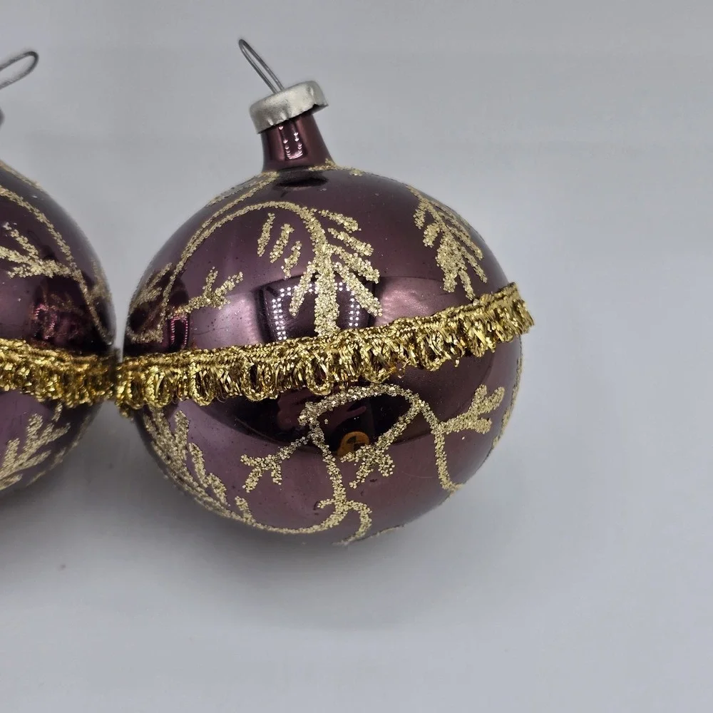 2 Vtg Glass Ball Christmas Ornaments Purple Gold Hand Blown‎ Unique
